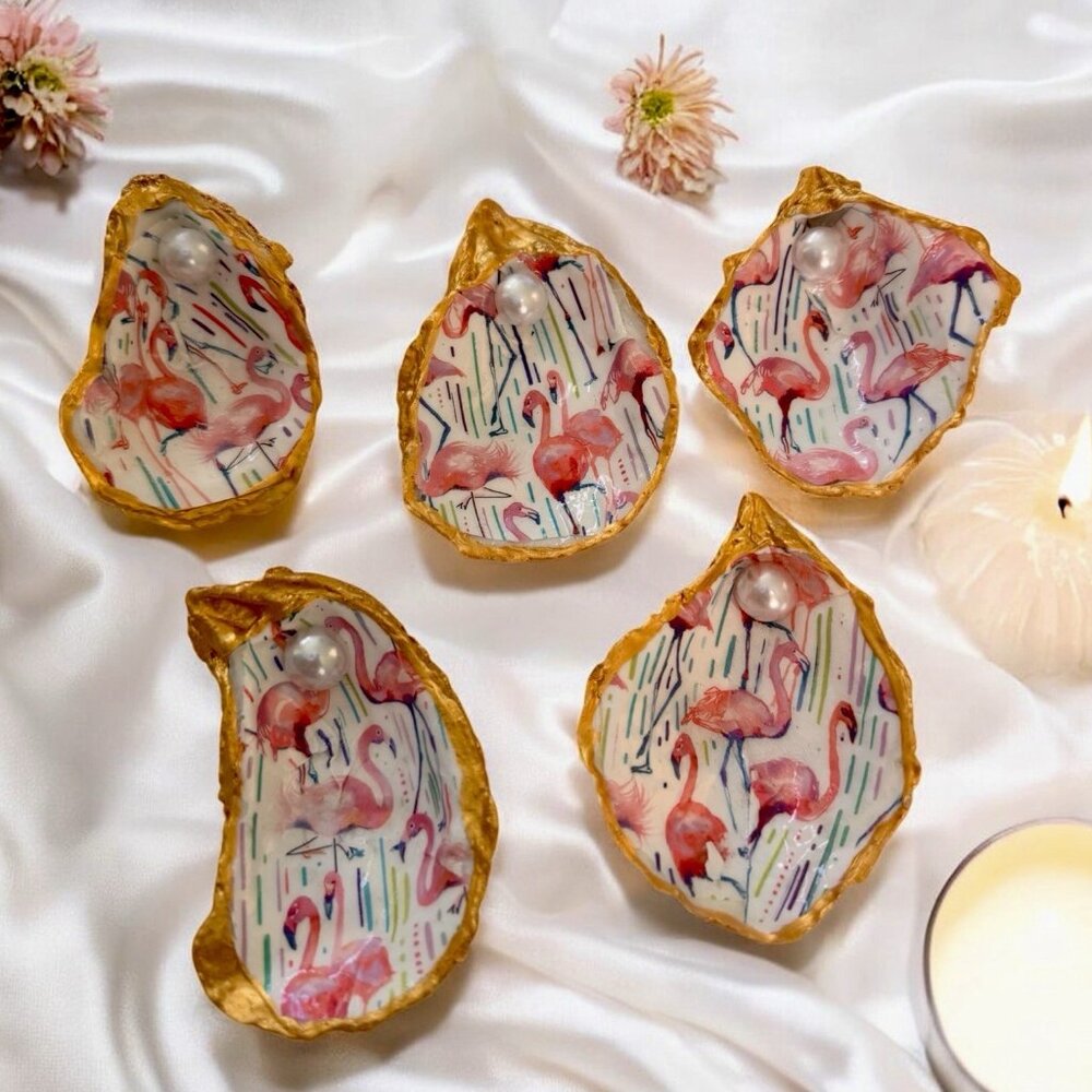 Handade Decoupage Oyster Shell Trinket Dish Pink Flamingos